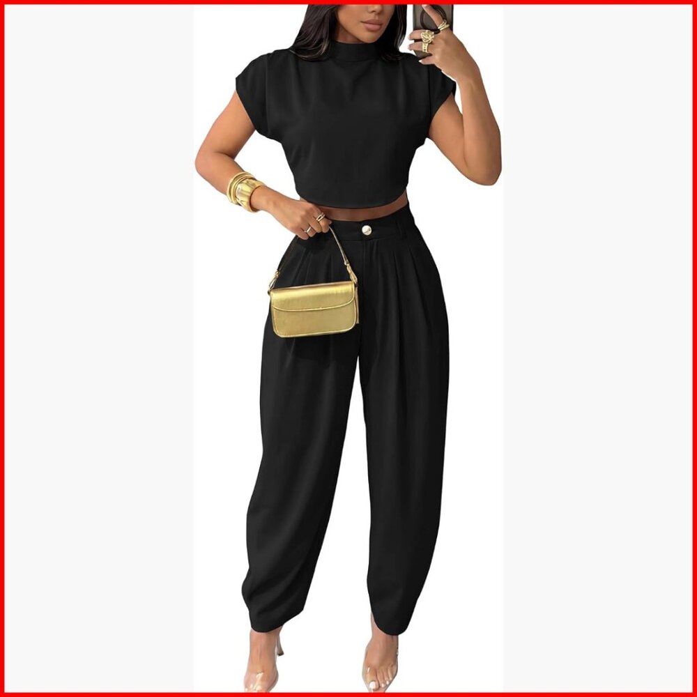 Women's 2-Piece Set Mock Neck Crop Top Palazzo Pants Casual Outfit